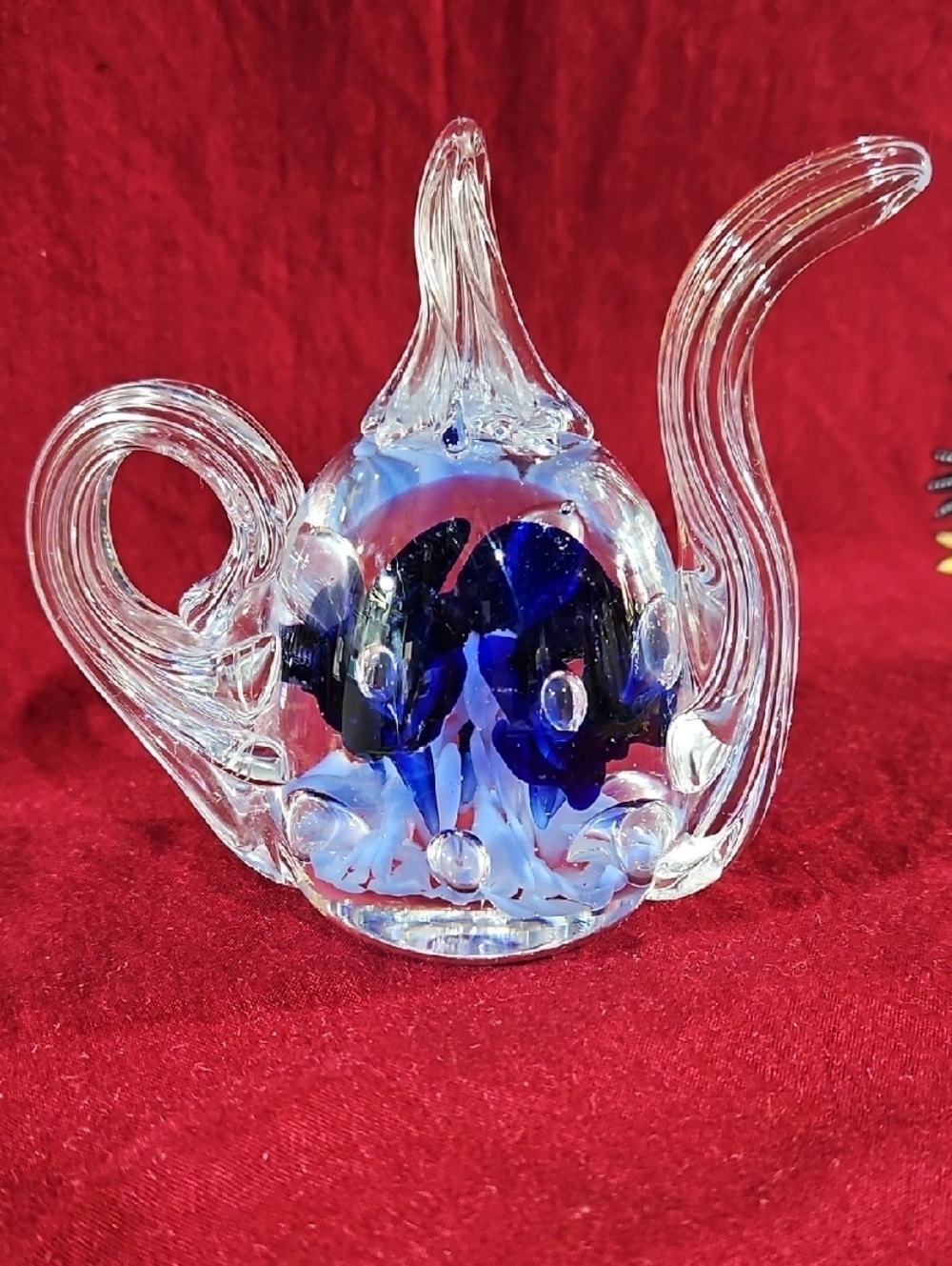 Gibson Clear Glass Teapot Sculpture/Paperweight with Cobalt & Lt. Blue Florals